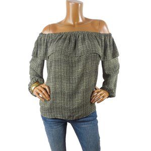 ANN TAYLOR Top M Green Print Blouse Off The Shoulder Ruffle Casual Party Shirt